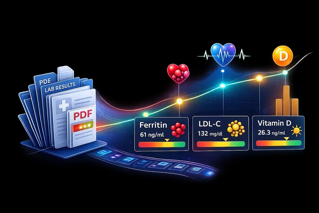 Biomarker timeline cards showing ferritin, LDL, and vitamin D trends